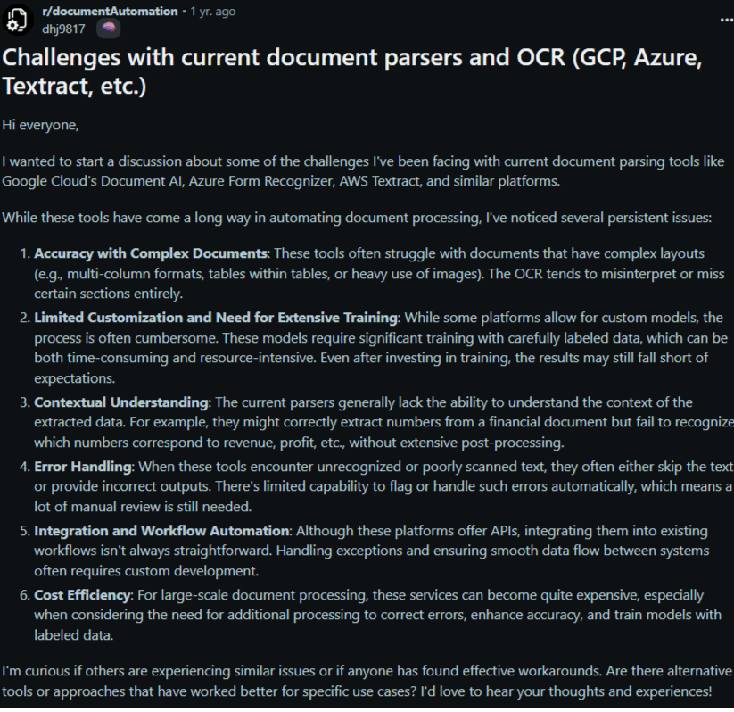 Challenges with current document parsers and OCR (GCP, Azure, Textract, etc.)