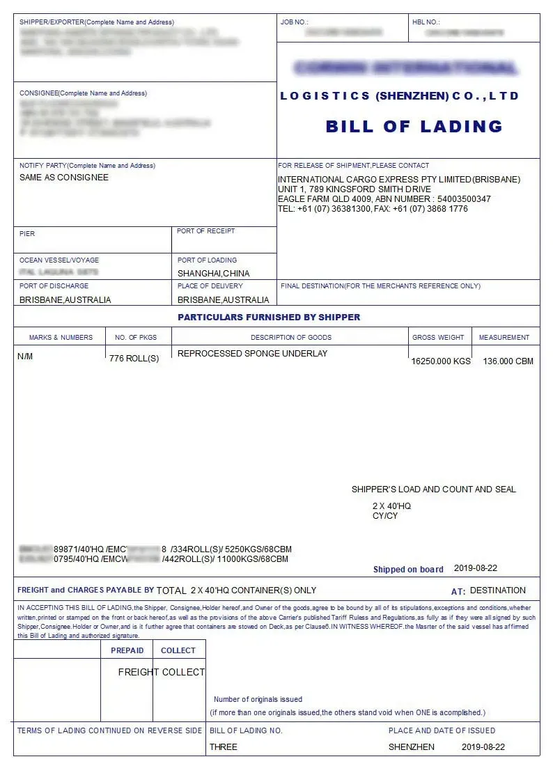 A bill of lading document with key details for IDP processing 