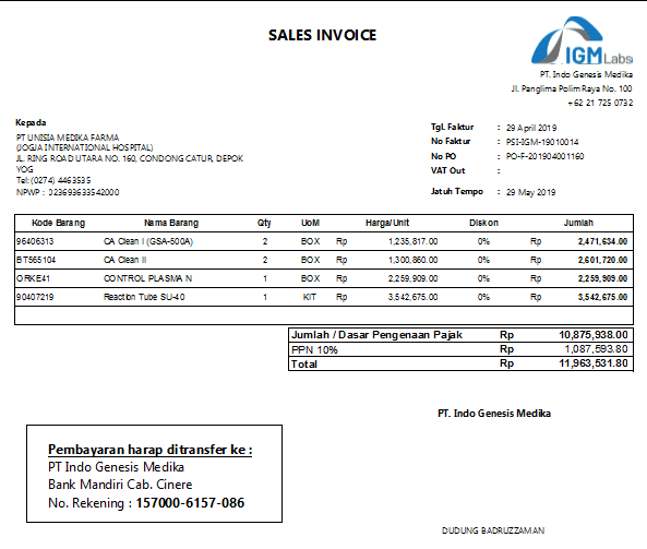 Sales invoice with line items for IDP processing 