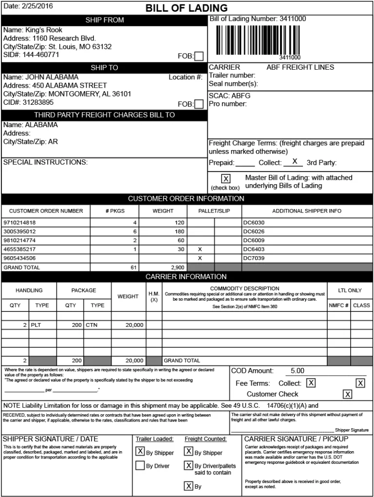  A filled-out bill of lading showing sender, receiver, and itemized cargo information in table format