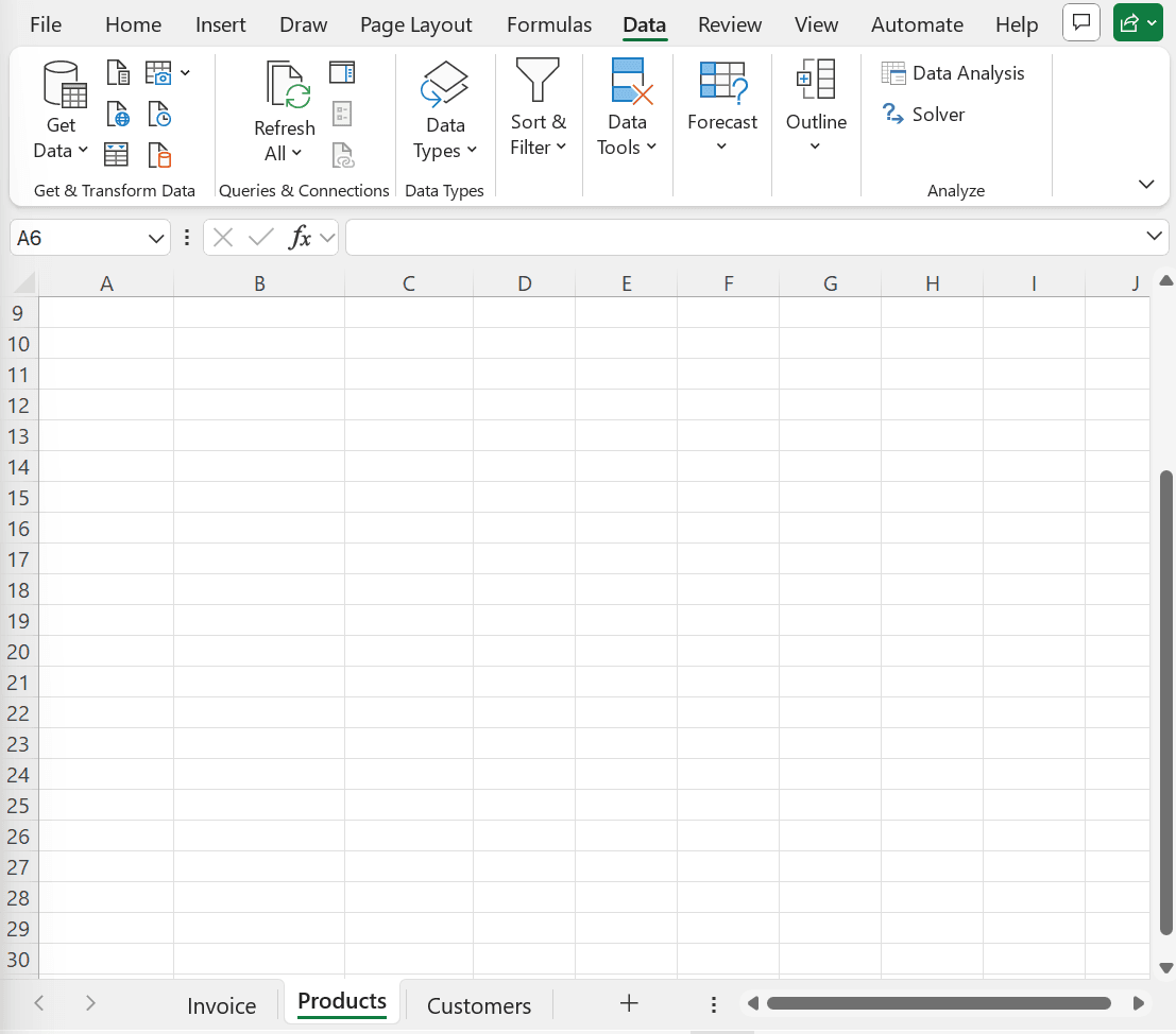 An Excel workbook with three sheets labeled Invoice, Products, and Customers