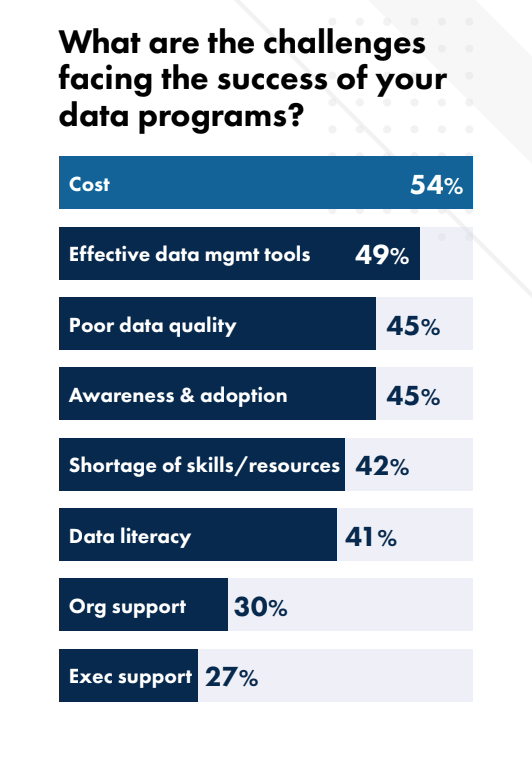 An image showing 49% respondents in a study saying effective data management tools are a challenge in data programs