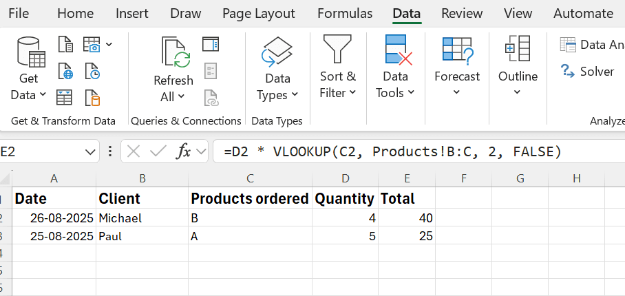 Excel Invoice sheet using VLOOKUP to calculate totals