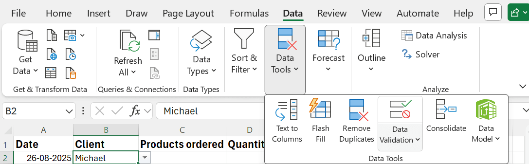 Excel Invoice sheet showing Data Validation in use with drop-down lists and date formatting
