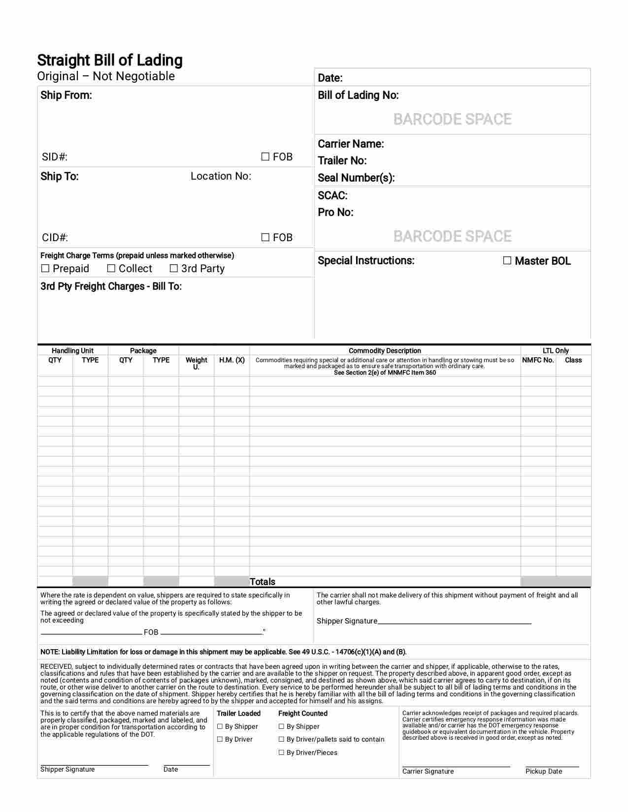 A simple bill of lading form with structured tables for logistics documentation